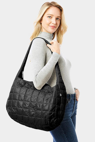 Quilted Puffer Hobo Bag in Black - Lulu Bella Boutique