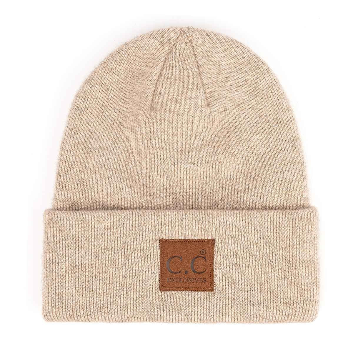 Soft Ribbed Leather Patch Beanie