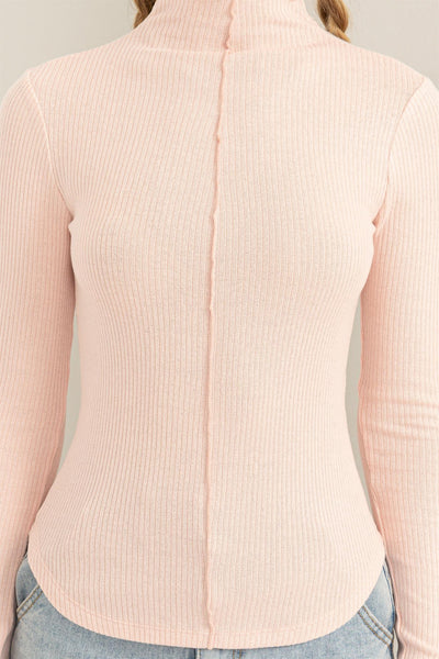 Ribbed High Neck Seam Top in Dusty Pink