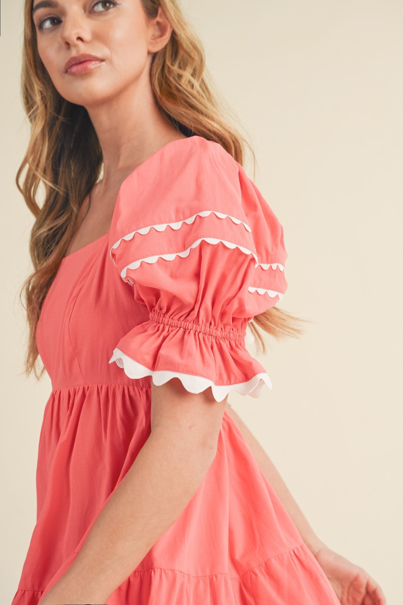 Ric Rac Trim Babydoll Dress Coral Pink / Small
