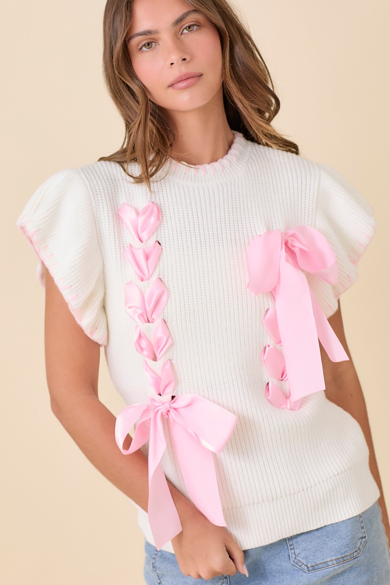 Woven Ribbon Bow Detail Sweater Knit Top