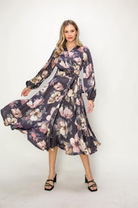 Satin Floral Long Sleeve V-Neck Wrap Mid Dress