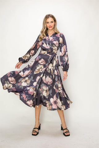 Satin Floral Long Sleeve V-Neck Wrap Mid Dress - Lulu Bella Boutique