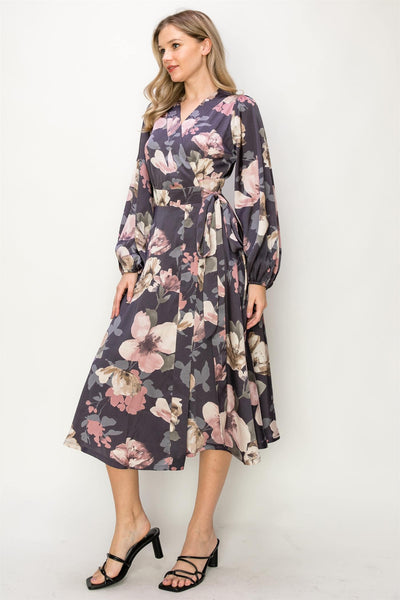 Satin Floral Long Sleeve V-Neck Wrap Mid Dress