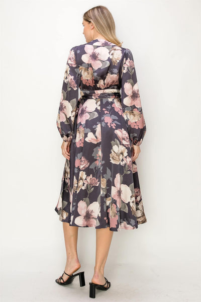 Satin Floral Long Sleeve V-Neck Wrap Mid Dress