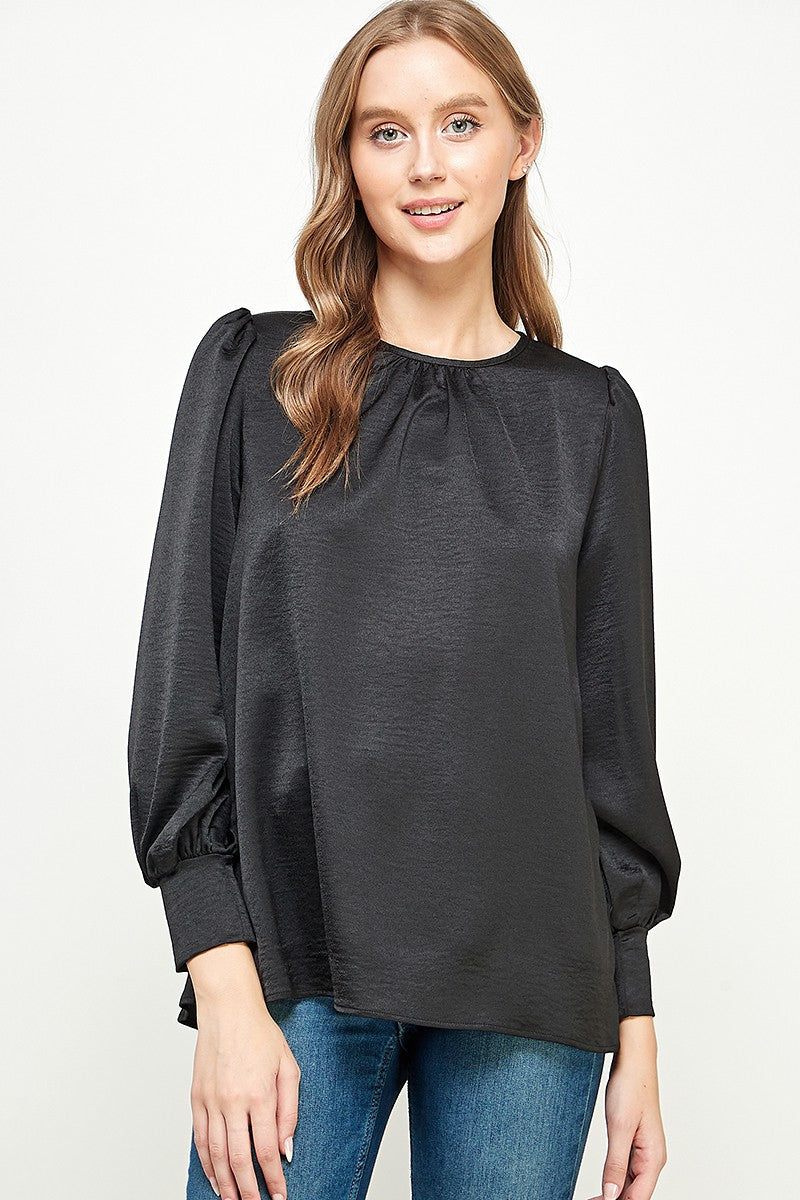 Puff Sleeve Satin Blouse in Black