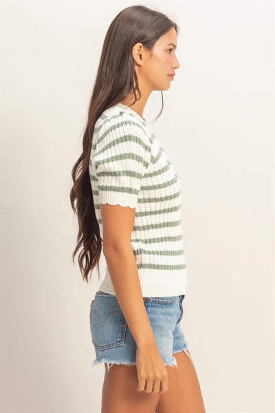 Striped Scallop Edge Puff Sleeve Knit Top - Lulu Bella Boutique