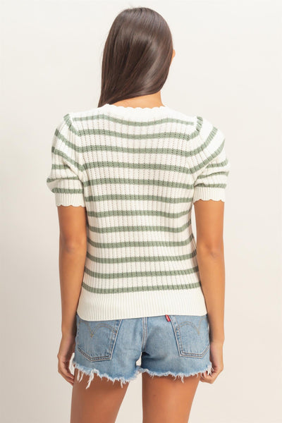 Striped Scallop Edge Puff Sleeve Knit Top - Lulu Bella Boutique