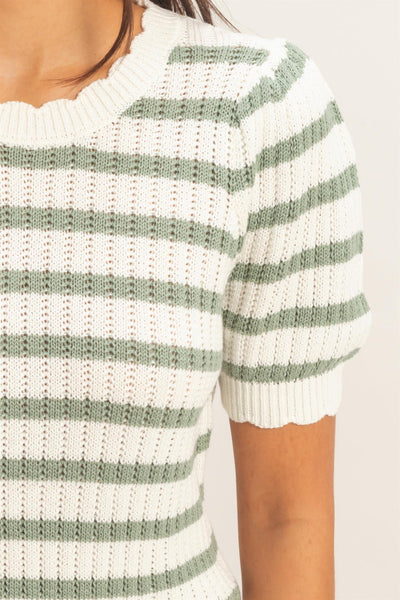 Striped Scallop Edge Puff Sleeve Knit Top - Lulu Bella Boutique