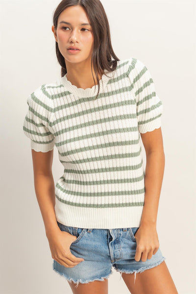 Striped Scallop Edge Puff Sleeve Knit Top - Lulu Bella Boutique