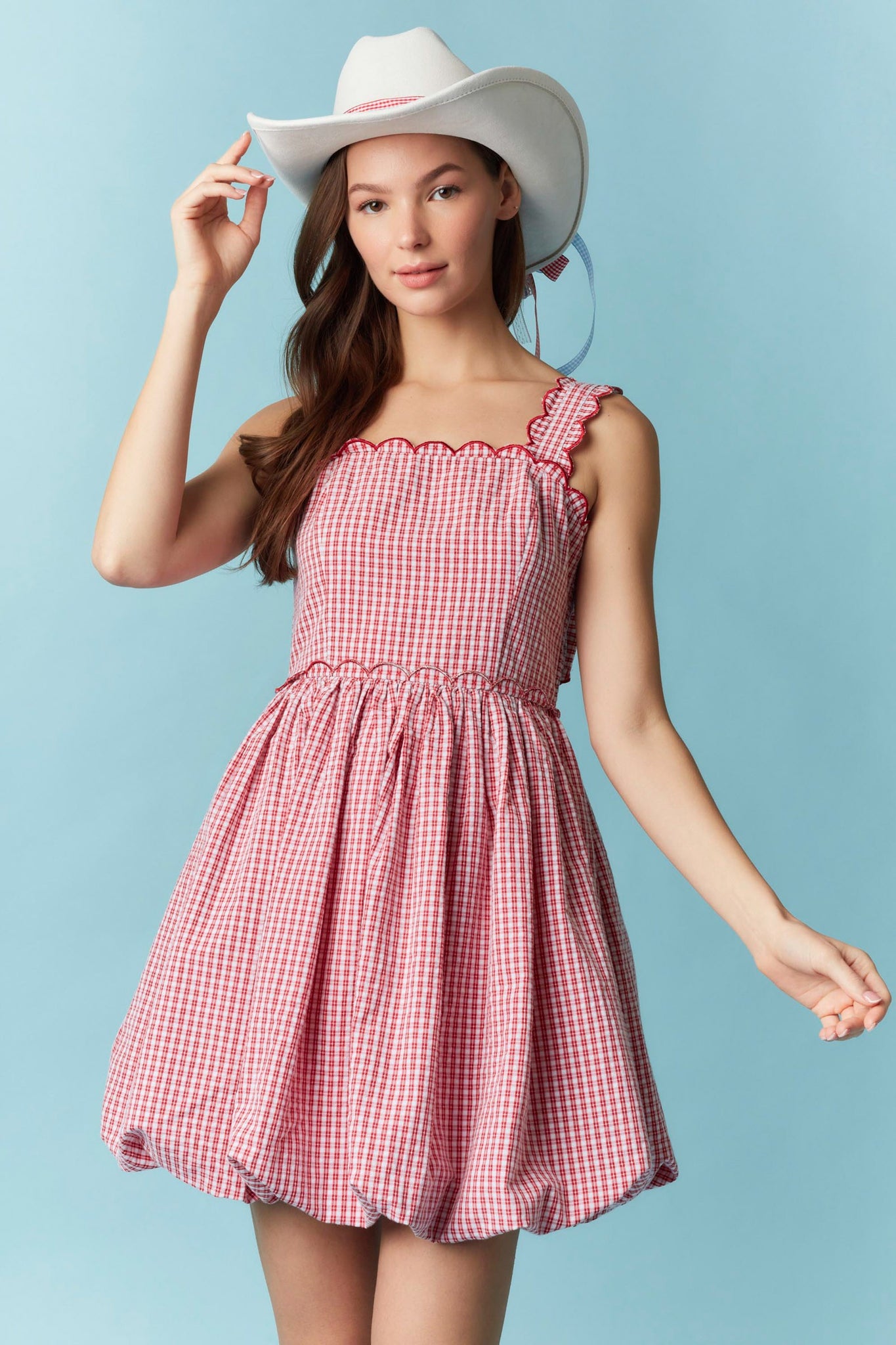 Scallop Embroidery Detail Gingham Mini Dress