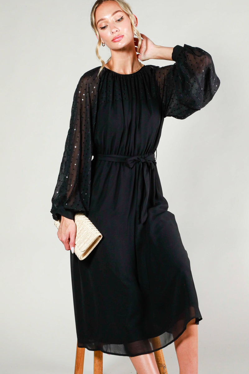 tie waist sequin dress Sequin Tie Waist Long Sleeve Mini Dress