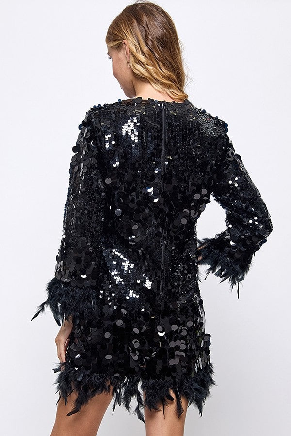 Feather Sequin Detail Bodycon Party Dress Black / M Sequin Dress With Feather Detail | Lulu Bella Boutique