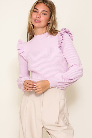 Shoulder Ruffle Ribbed Knit Sweater