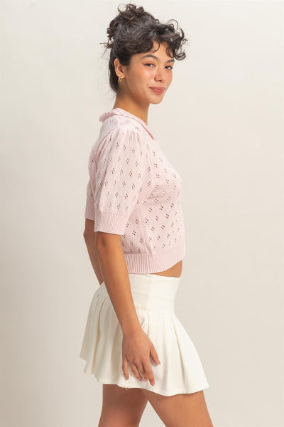 Pointelle Collar Button-up Puff Sleeve Knit Top - Lulu Bella Boutique