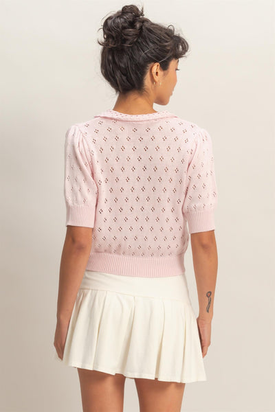 Pointelle Collar Button-up Puff Sleeve Knit Top - Lulu Bella Boutique