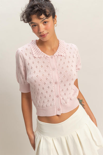 Pointelle Collar Button-up Puff Sleeve Knit Top - Lulu Bella Boutique