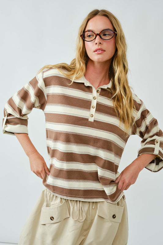 Stripe Polo T-Shirt W/ Sleeve Adjustable Tab