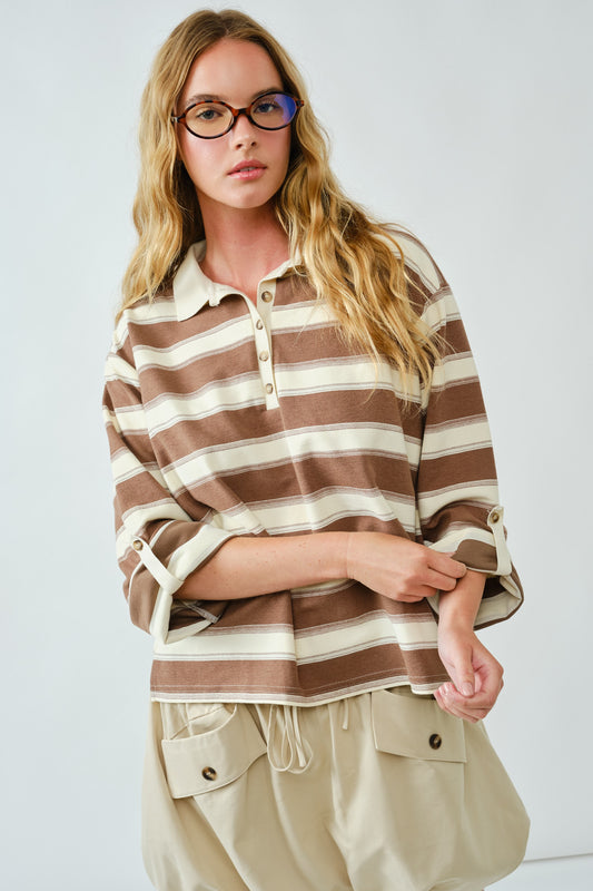 Stripe Polo T-Shirt W/ Sleeve Adjustable Tab