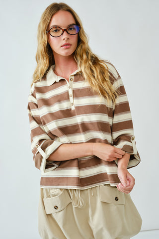 Stripe Polo T-Shirt W/ Sleeve Adjustable Tab