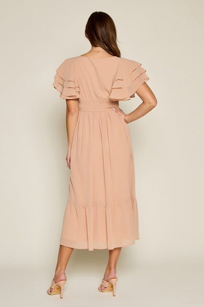 Sweetheart Neck Tiered Sleeve Dress in Taupe