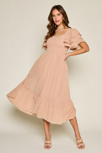 Sweetheart Neck Tiered Sleeve Dress in Taupe