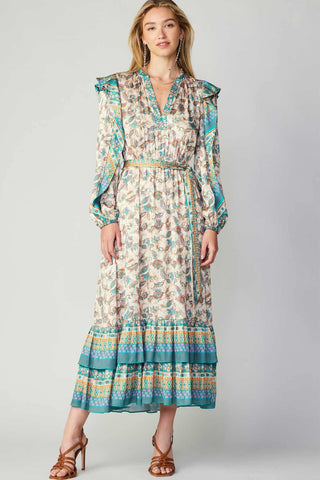 Floral Border Print Tiered Long Dress