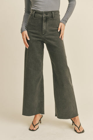 Straight Wide Leg Denim Pants in Washed Black