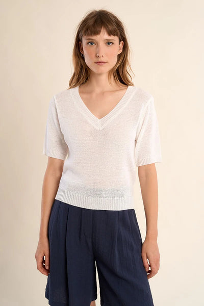 Short Sleeve Knitted Sweater in White - Lulu Bella Boutique