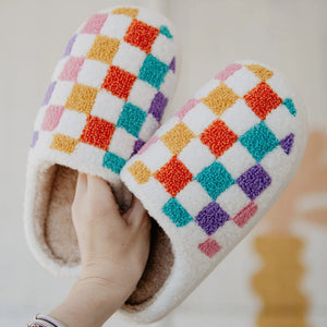 Multicolored Checkered Pattern Fuzzy Slippers