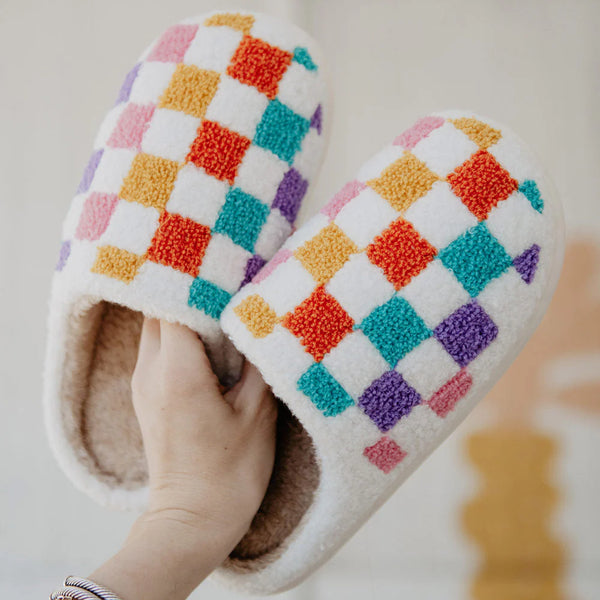 Multicolored Checkered Pattern Fuzzy Slippers