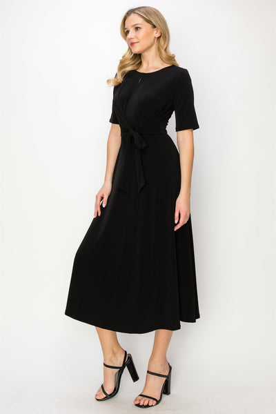 Wrap Knit Midi Dress with Tie in Black