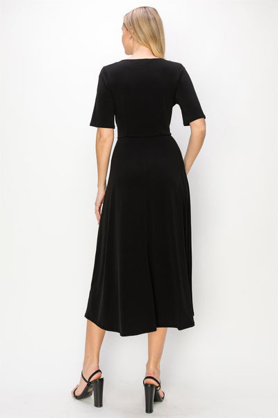 Wrap Knit Midi Dress with Tie in Black