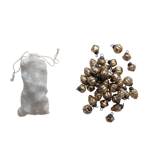 1"H Embossed Mercury Glass Ornaments in Muslin Bag, Antique Gold Finish, Set of 36 - Lulu Bella Boutique