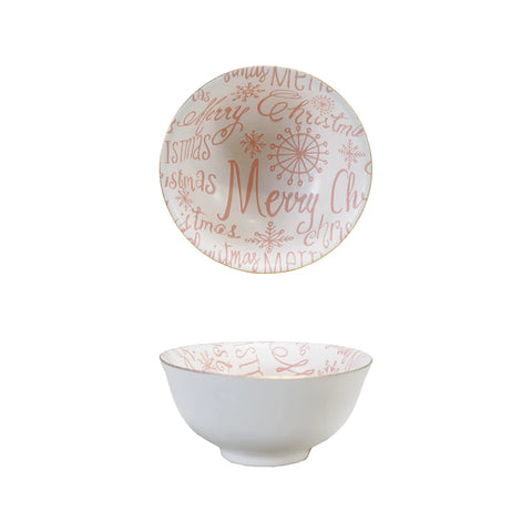 Stoneware Bowl w/ Gold Color Rim "Merry Christmas", Pink & White - Lulu Bella Boutique