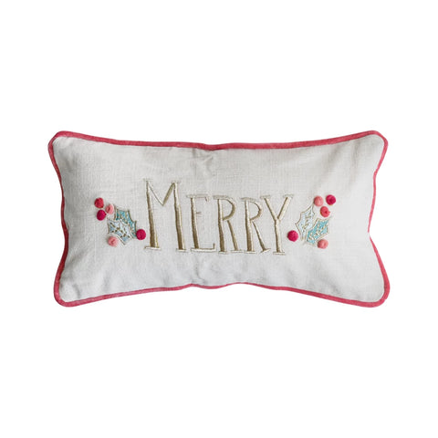 Lumbar Pillow with Hand-Embroidery, Pom Poms, Piping & Velvet Back - Lulu Bella Boutique