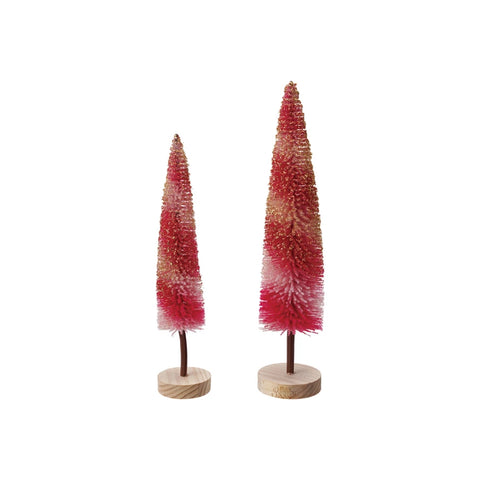Flocked Plastic Striped Bottle Brush Trees with Gold Glitter, Set of 2 - Lulu Bella Boutique