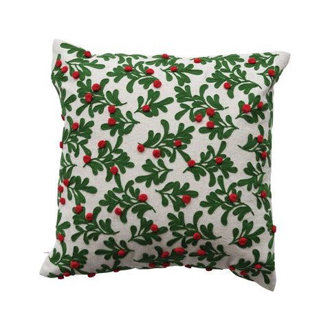 16" Square Cotton & Linen Pillow with Embroidered Mistletoe Pattern - Lulu Bella Boutique