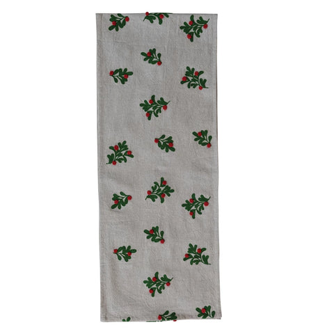 Table Runner with Embroidered Mistletoe Pattern & Pom Poms, Natural - Lulu Bella Boutique
