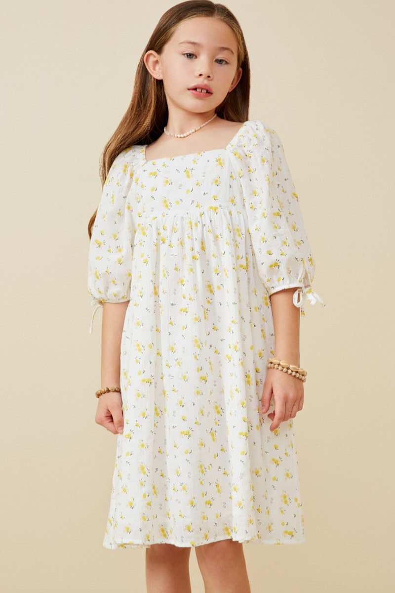 Girls Textured Ditsy Floral Square Neck Tie Dress