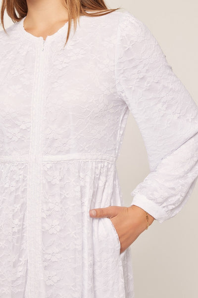 Front Zip Up Lace White Dress