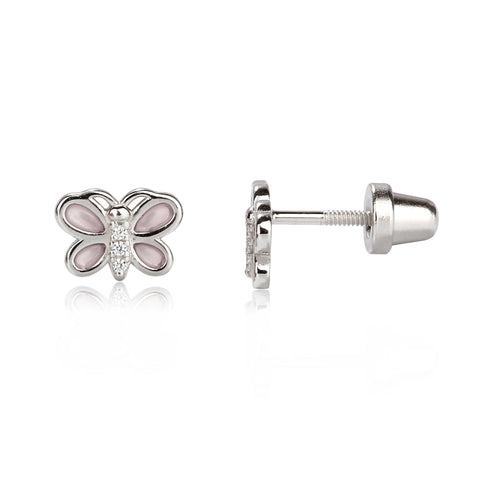 Cherished Moments - Sterling Silver Girls Screw-Back Pink Butterfly Earrings - Lulu Bella Boutique