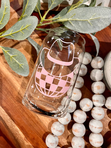 Disco Ball, Cowgirl, Western, Howdy, Beer Can Glass: 16oz / Pink W/ Lid - Lulu Bella Boutique