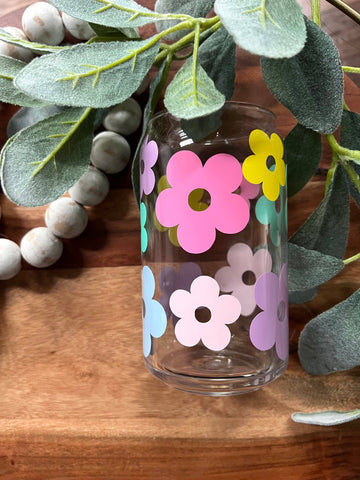 Spring Floral Can Glass Cup, Pastel: 16 oz W/ Lid - Lulu Bella Boutique