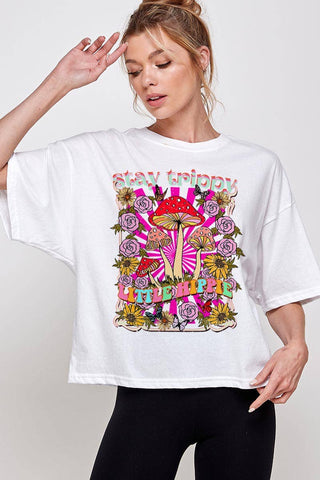 COLORBEAR - STAY TRIPPY,LITTLE HIPPIE,MUSHROOMS,FLOWERS RELAXED CROP TOP - Lulu Bella Boutique