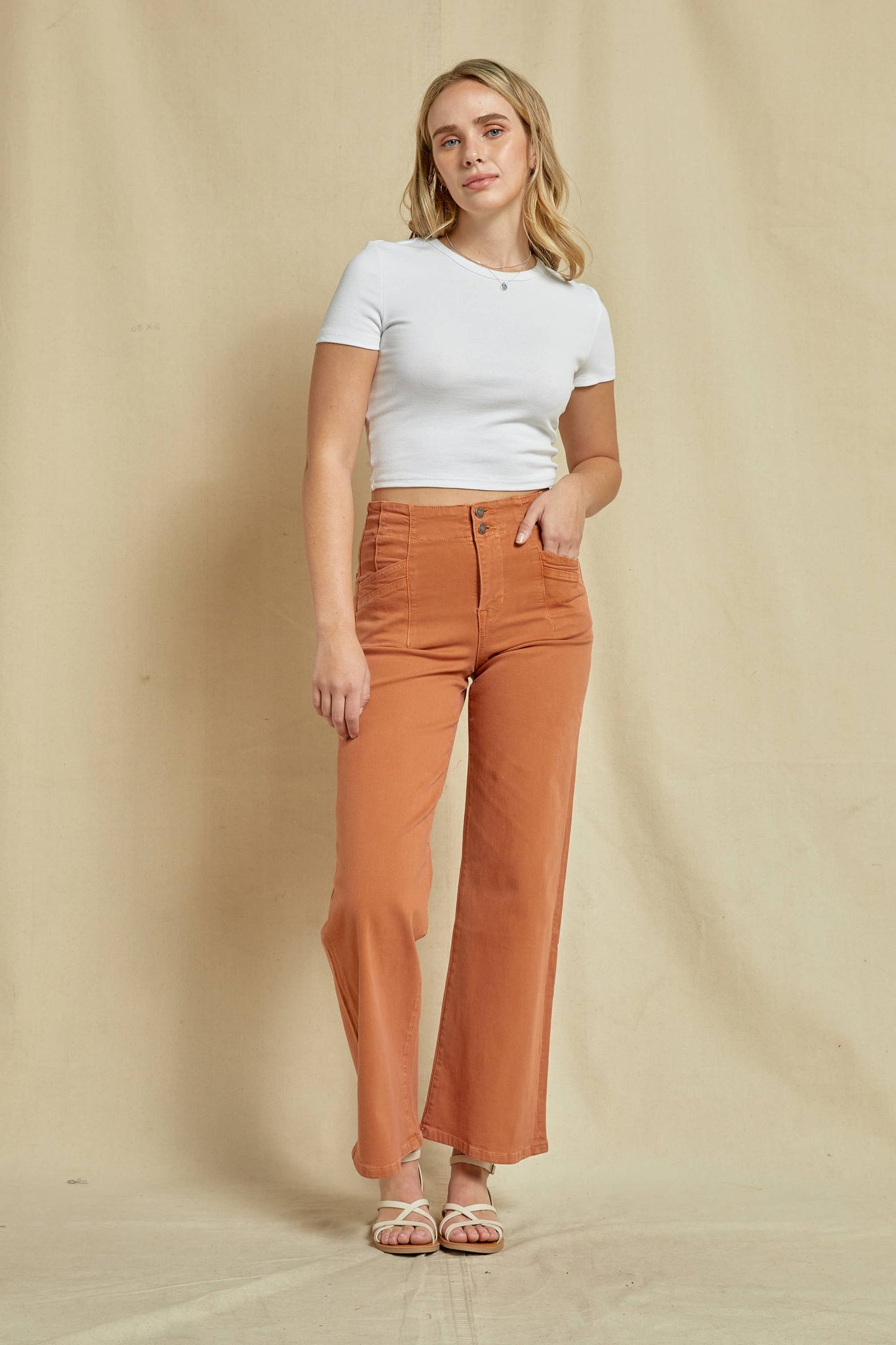 High Rise Wide Leg Colored Denim in Cinnamon - Lulu Bella Boutique