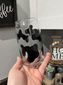 Cow Print Glass Can, Can Glass Cup: 16 oz. W/ Lid