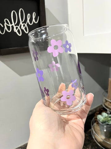Retro Flowers Beer Can Glass | Iced Coffee Glass: Purple / 20 ounces - Lulu Bella Boutique
