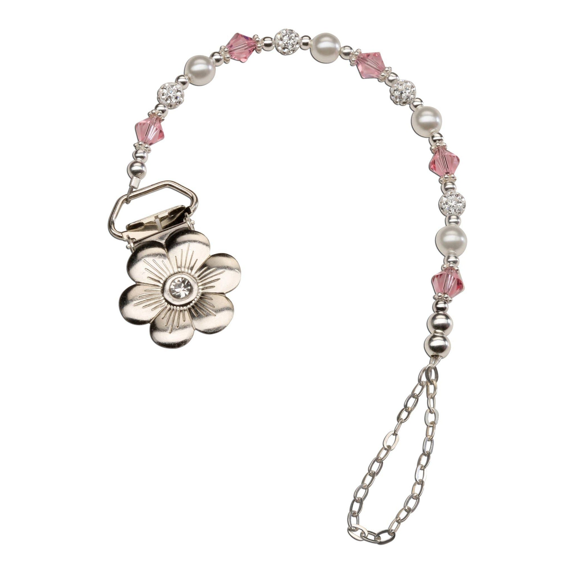 Cherished Moments - Sterling Silver Baby Girl Pearl Binky Pacifier Clip w/Daisy