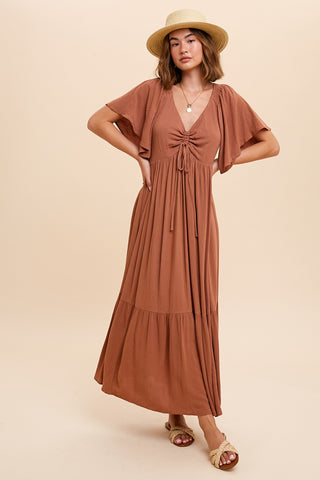 Ruched Tie Front Midi Dress in Camel